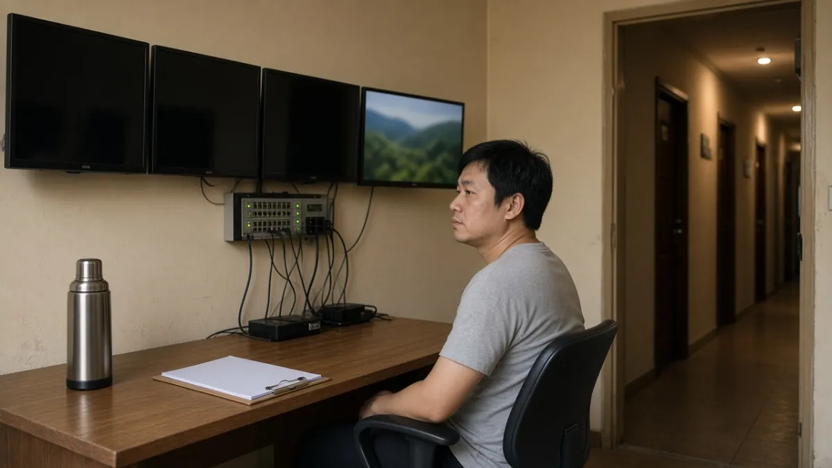 Nhân viên khách sạn theo dõi nhiều màn hình tại phòng kỹ thuật, thể hiện điều khiển TV tập trung.