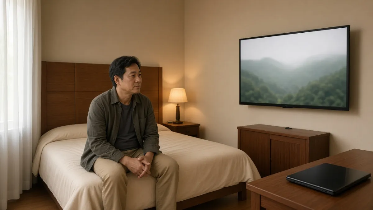 Khách nam ngồi cạnh giường trong phòng khách sạn, hướng mắt về TV treo tường hiển thị phong cảnh thiên nhiên mờ.