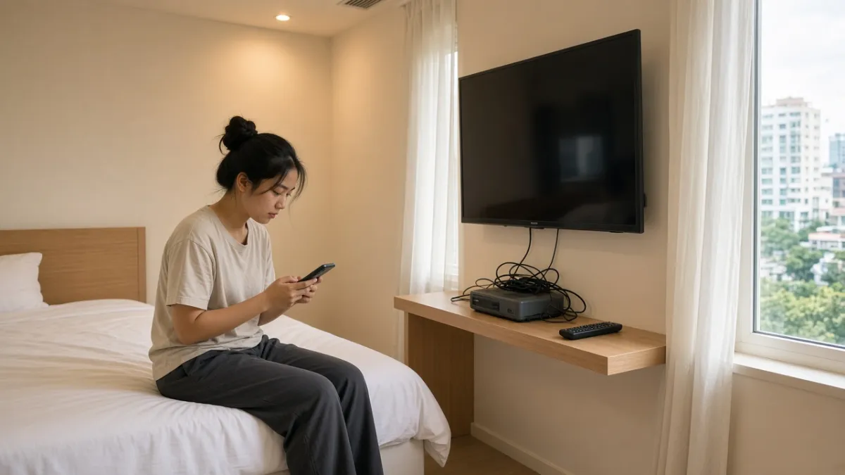 Khách trong phòng mini hotel bỏ qua TV tắt và hộp cáp cũ, chuyển sang dùng điện thoại thay vì truyền hình.
