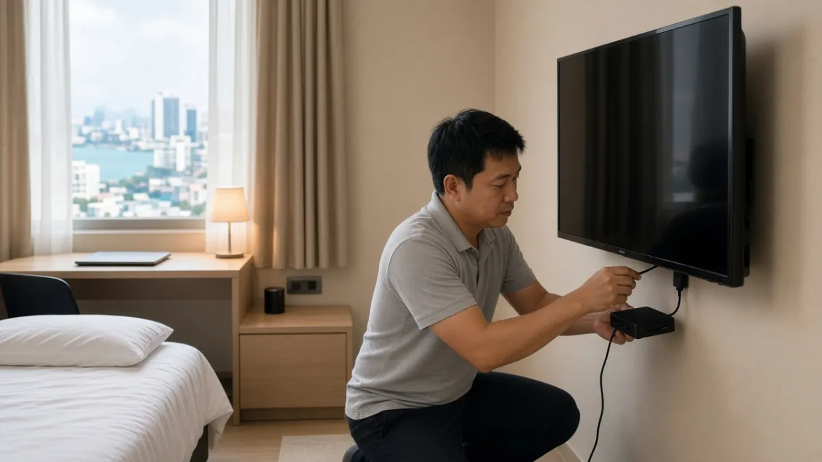 Kỹ thuật viên lắp TV Box nhỏ gọn vào TV phòng khách sạn mini, minh họa cài đặt đơn giản không cần thay TV.
