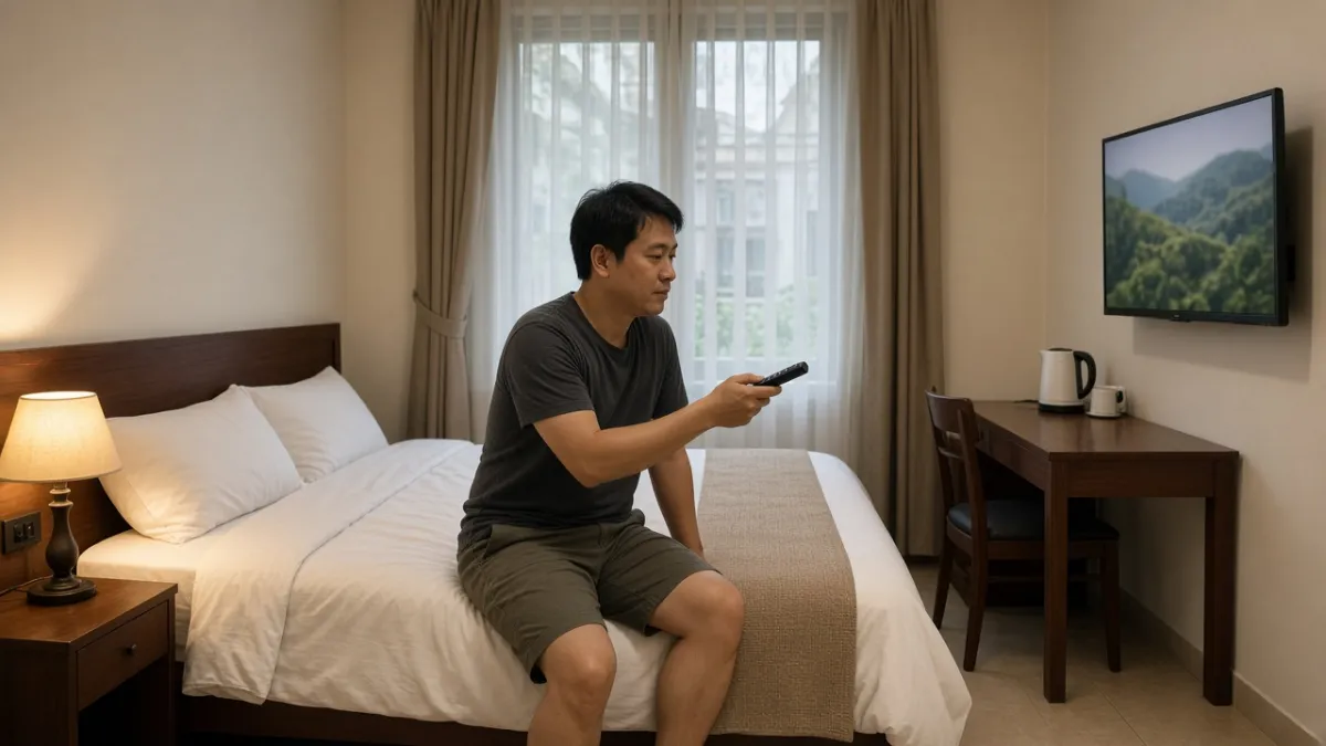 Khách nghỉ trên giường phòng khách sạn, dùng remote xem phim trên TV treo tường như giải trí chuyên dụng.