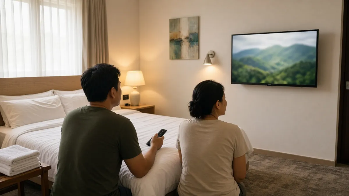 Khách nghỉ trên giường phòng khách sạn, xem TV treo tường bằng điều khiển, không gian phòng gọn gàng.