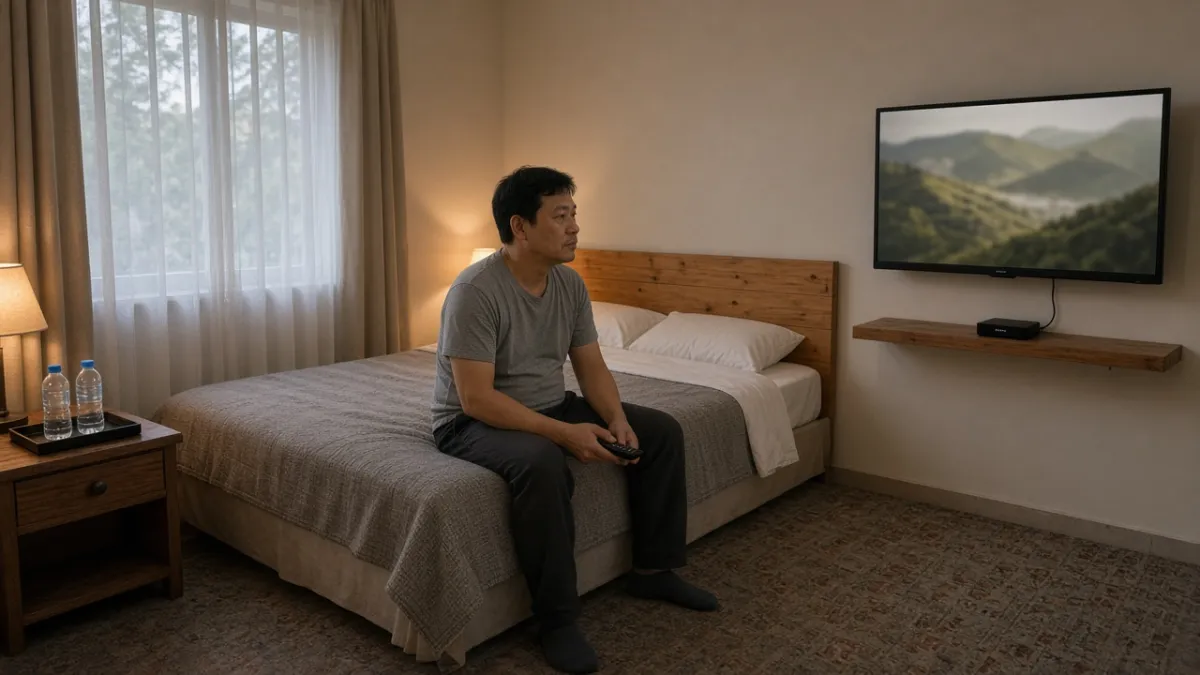Khách nghỉ trong phòng khách sạn bình dân, TV treo tường hiển thị nền phong cảnh mờ kèm hộp giải trí trên kệ.