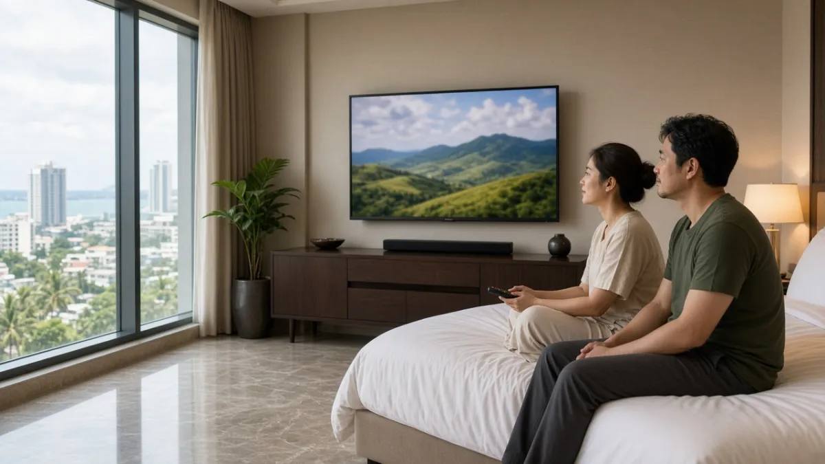 Phòng khách sạn Đà Nẵng với tivi thương mại treo tường; khách Việt dùng remote, minh họa nền tảng Pro:Centric.
