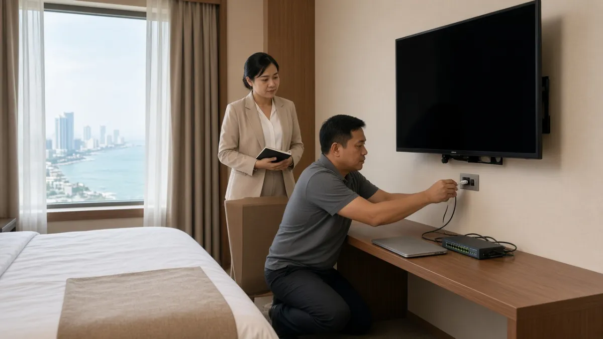 Kỹ thuật viên lắp cáp mạng TV trong phòng khách sạn, nhân viên quan sát và ghi chú trong buổi đào tạo vận hành.