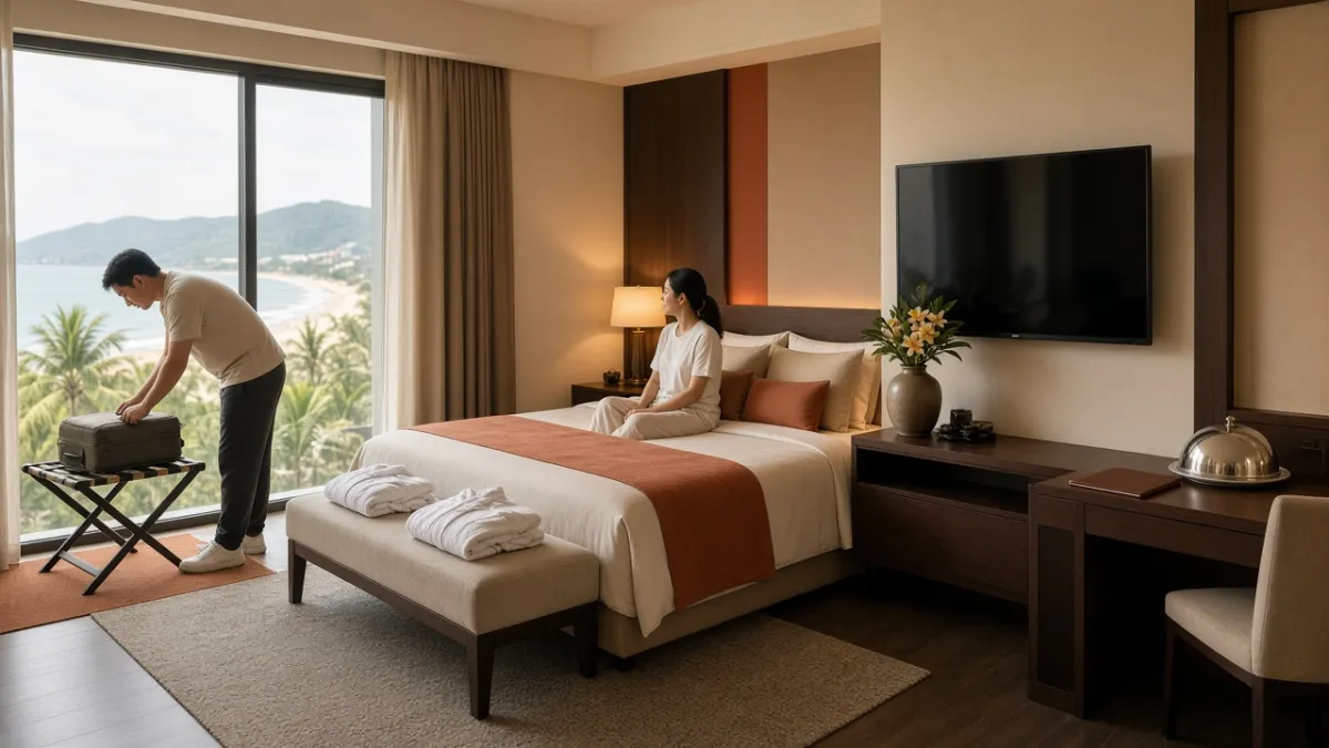 Khách Việt vừa vào phòng khách sạn ven biển, tivi thương mại trên tường, áo choàng spa và dịch vụ phòng xung quanh.