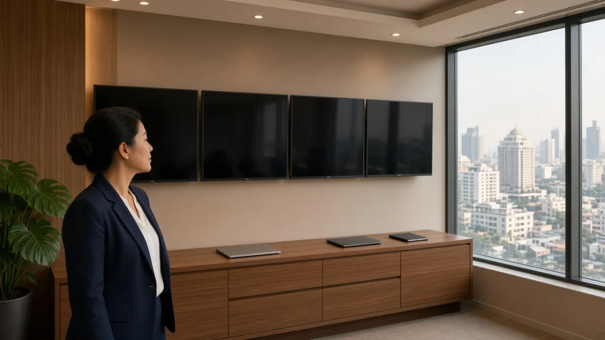 Quản lý chuỗi khách sạn tại văn phòng điều hành nhìn hàng TV tắt, thể hiện khó khăn quản lý truyền hình tập trung.
