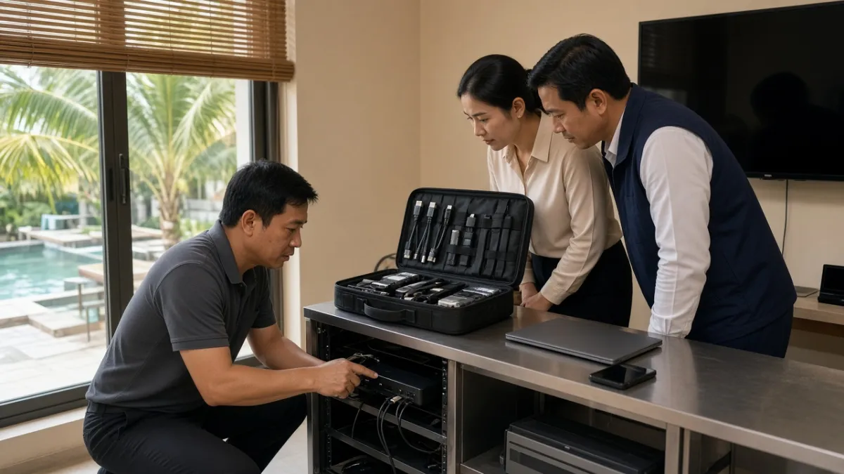 Kỹ thuật viên hướng dẫn nhân viên khách sạn bảo trì thiết bị IPTV và thay linh kiện chính hãng tại cơ sở.