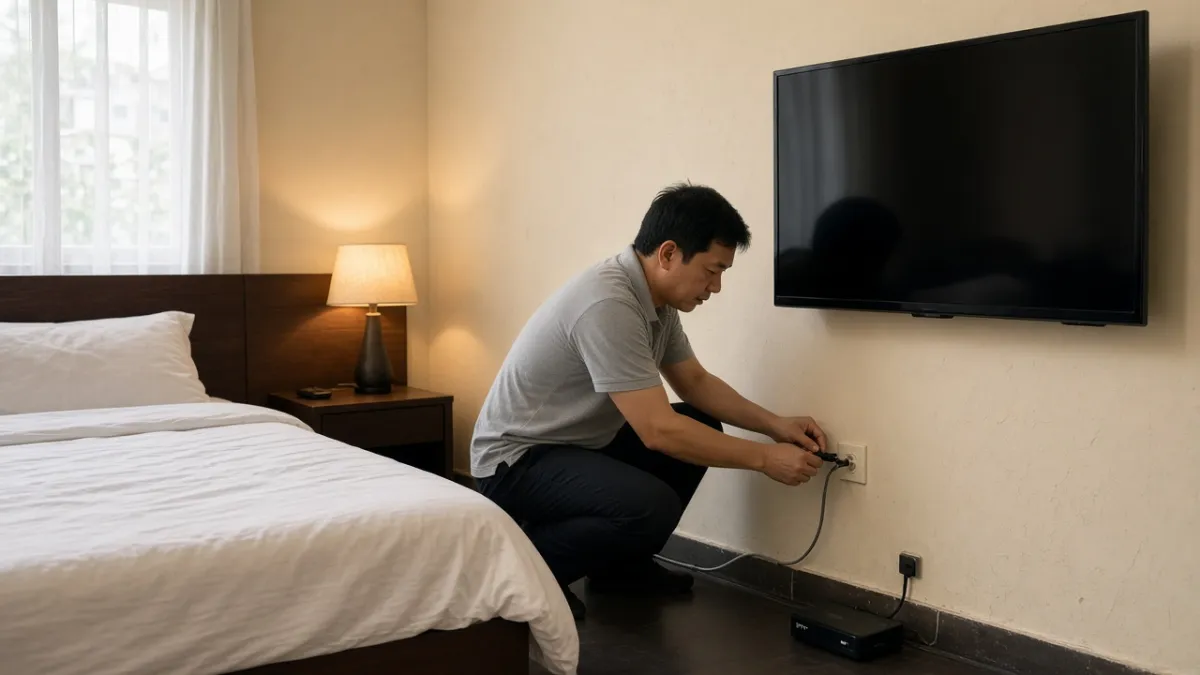 Kỹ thuật viên lắp IPTV trong phòng khách sạn cũ, tận dụng cáp truyền hình analog sẵn có thay vì kéo mạng LAN.