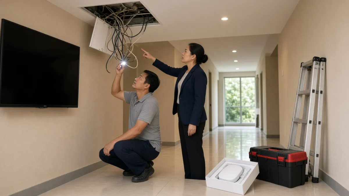 Kỹ thuật viên và quản lý khách sạn khảo sát hệ thống cáp truyền hình cũ trong hành lang trước triển khai IPTV.