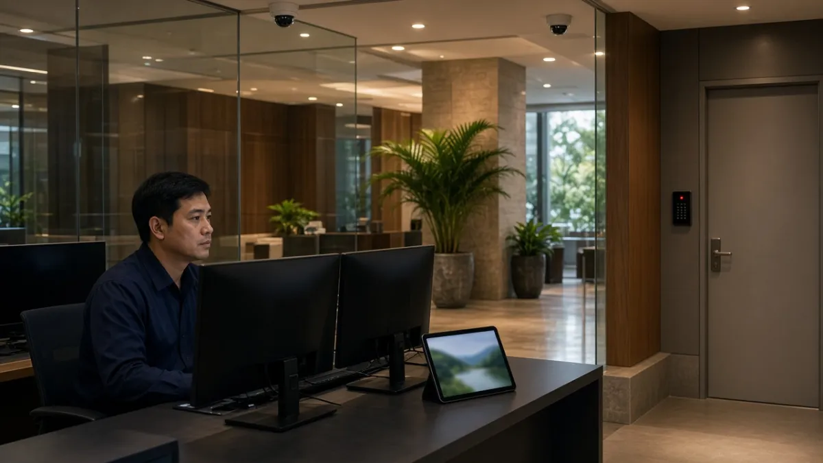 Nhân viên an ninh khách sạn giám sát camera và kiểm soát ra vào tại bàn trực bên cạnh sảnh resort.