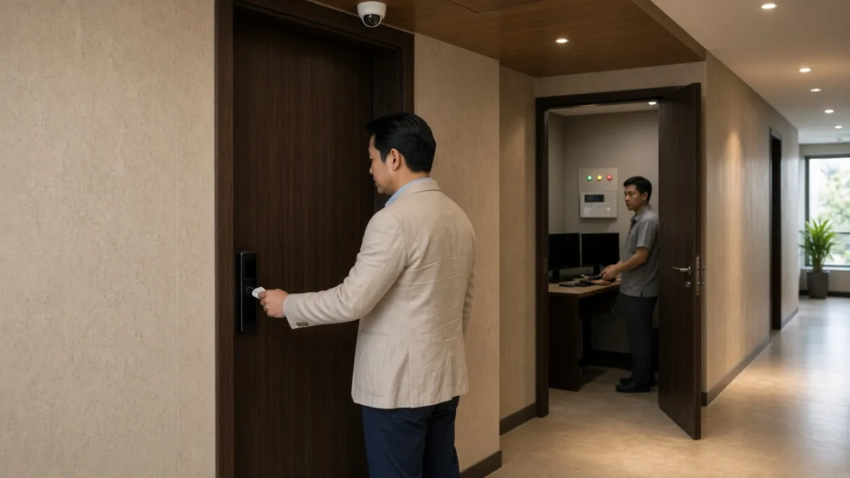 Khách quẹt thẻ khóa thông minh dưới camera an ninh, phía sau nhân viên vận hành hệ thống BMS tại khách sạn.