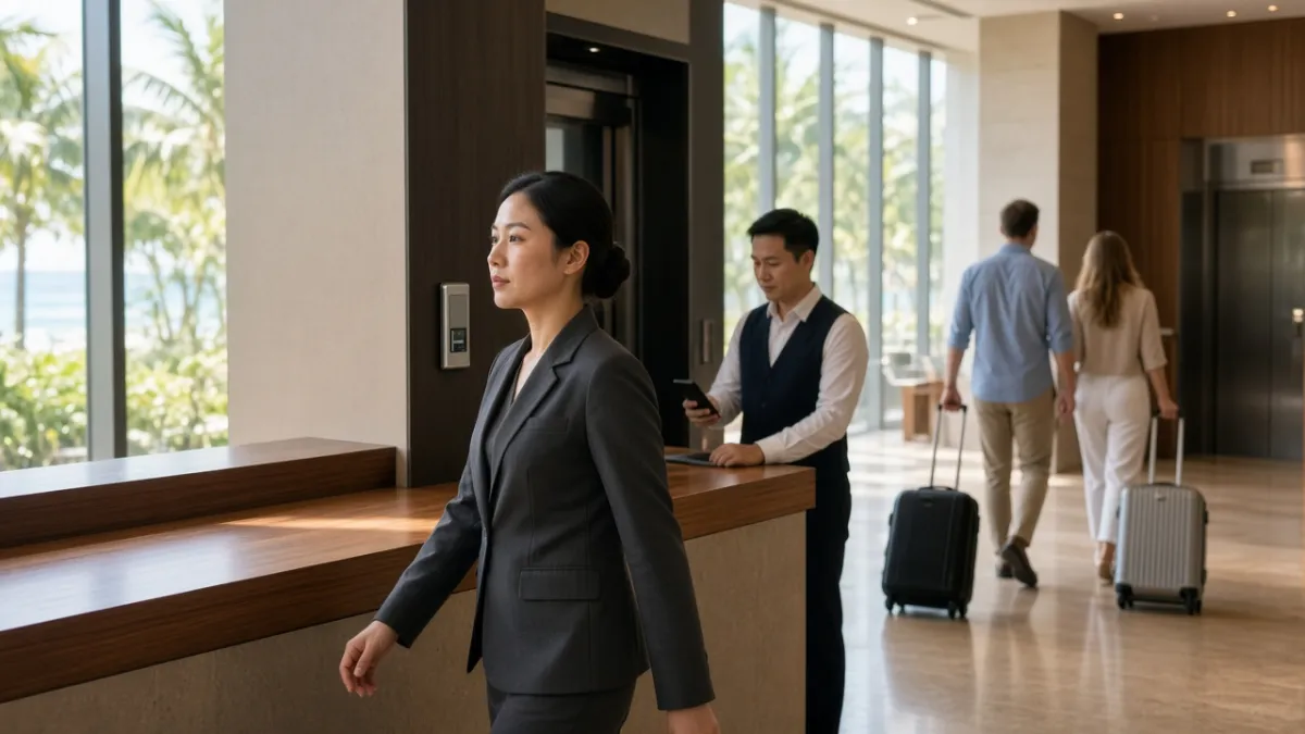 Quản lý khách sạn Việt Nam tại sảnh resort Đà Nẵng, hệ thống kiểm soát truy cập hiện đại và khách quốc tế an tâm.