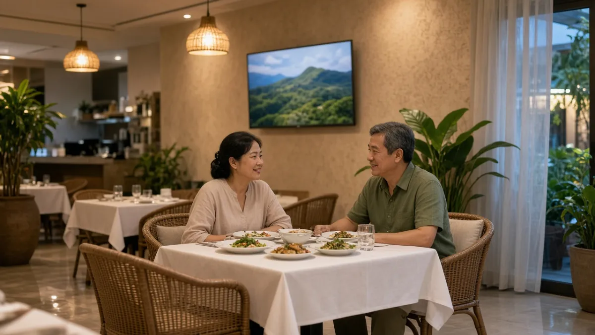 Khách dùng bữa tại nhà hàng khách sạn, TV treo tường phía sau minh họa quảng cáo nội bộ giúp tăng doanh thu.