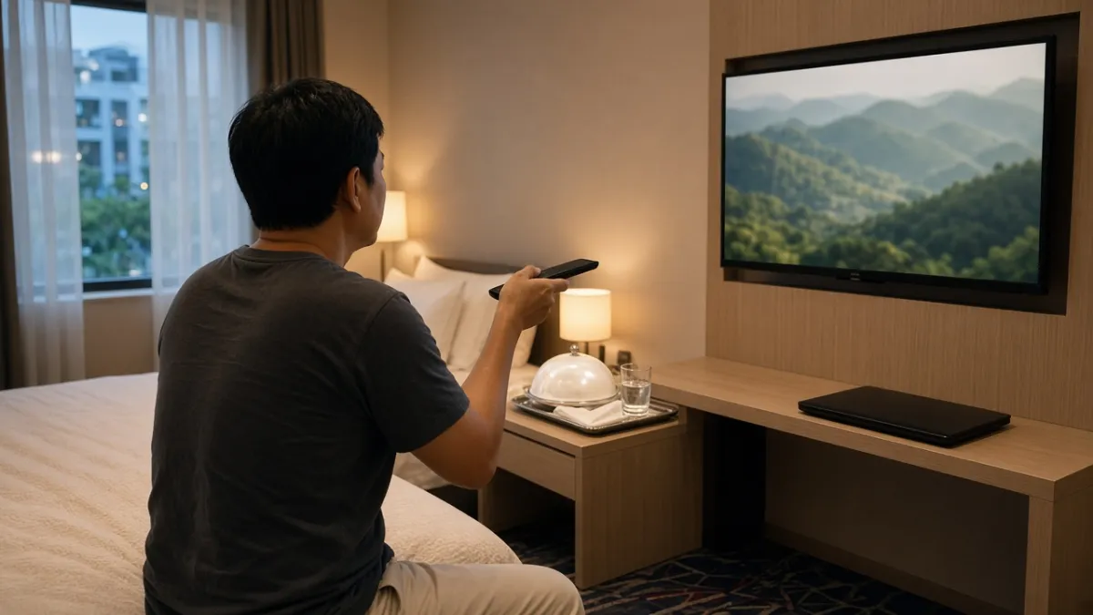 Khách dùng điều khiển TV trong phòng khách sạn, màn hình hiển thị giải trí và bàn có khay phục vụ phòng.