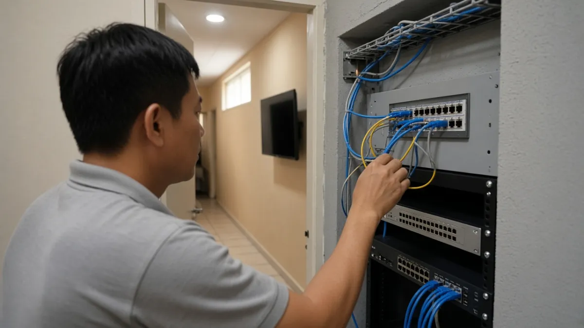 Kỹ thuật viên đấu nối cáp tại tủ thiết bị khách sạn để tích hợp hệ thống truyền hình phòng.