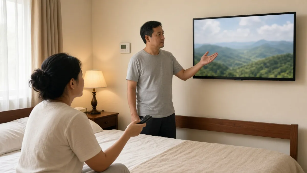 Nhân viên khách sạn giải thích cách dùng TV trong phòng cho khách đang cầm điều khiển.