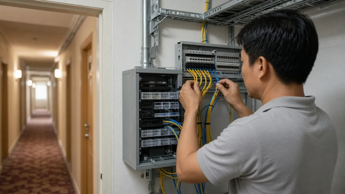 Kỹ thuật viên sắp xếp cáp quang tại tủ phân phối hậu trường khách sạn để truyền tín hiệu TV ổn định.