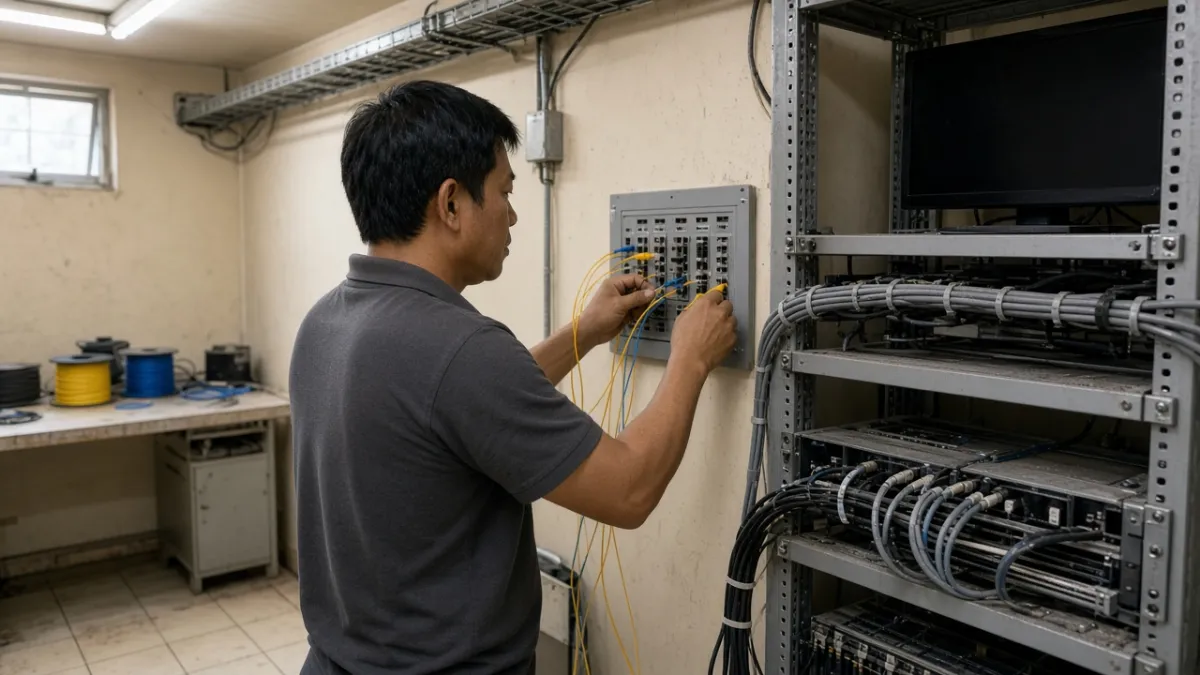 Kỹ thuật viên lắp dây cáp quang vào tủ phân phối trong phòng kỹ thuật truyền hình khách sạn.