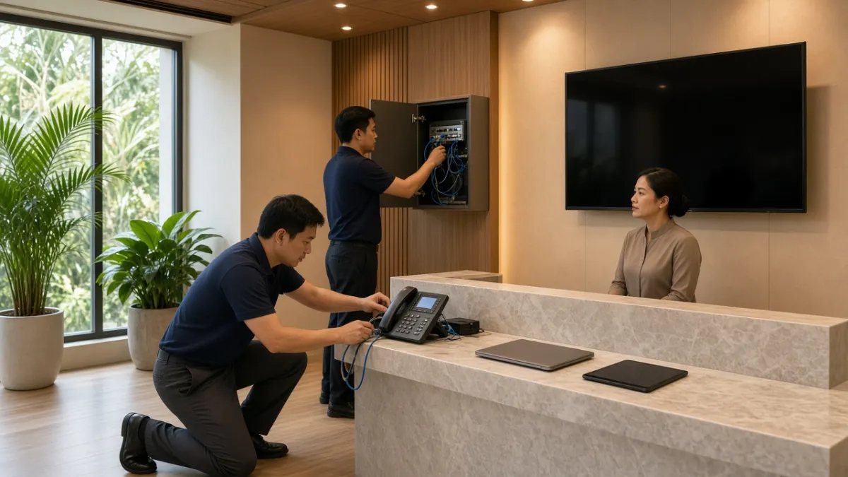 Kỹ thuật viên triển khai hệ thống VoIP tại quầy lễ tân khách sạn hiện đại ở Đà Nẵng, nhân viên khách sạn theo dõi.