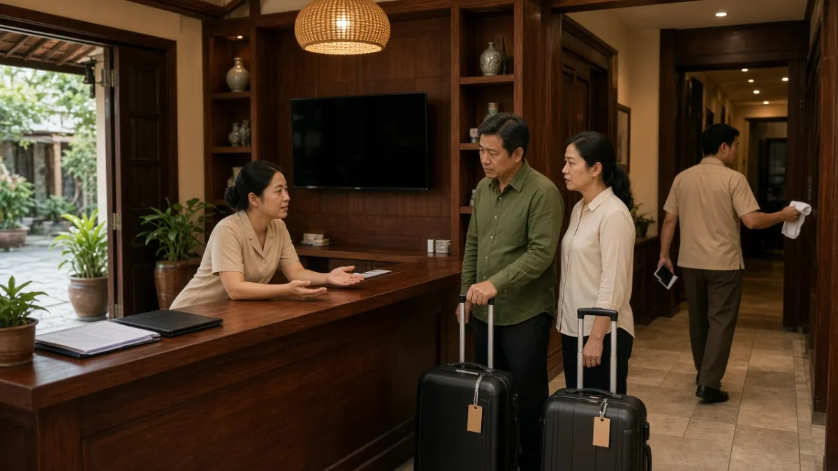 Nhân viên lễ tân trấn an khách và đồng nghiệp phối hợp xử lý sự cố ngay tại sảnh khách sạn.