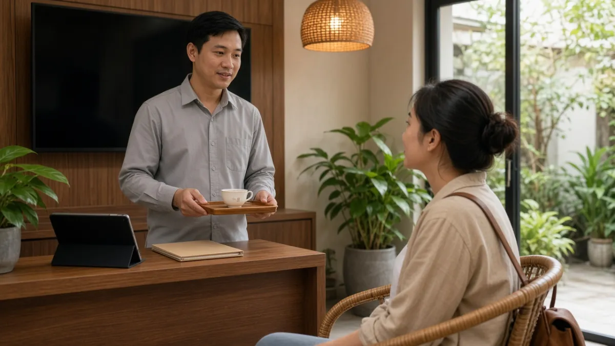 Nhân viên lễ tân mời trà và lắng nghe khách sau khi xử lý sự cố, thể hiện sự chăm sóc chuyên nghiệp.