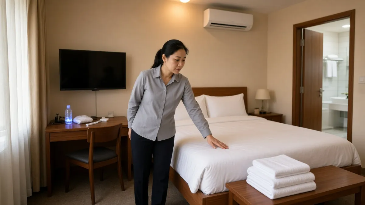 Giám sát buồng phòng đang kiểm tra ga giường, gối và khăn trong phòng khách sạn đã dọn sạch.