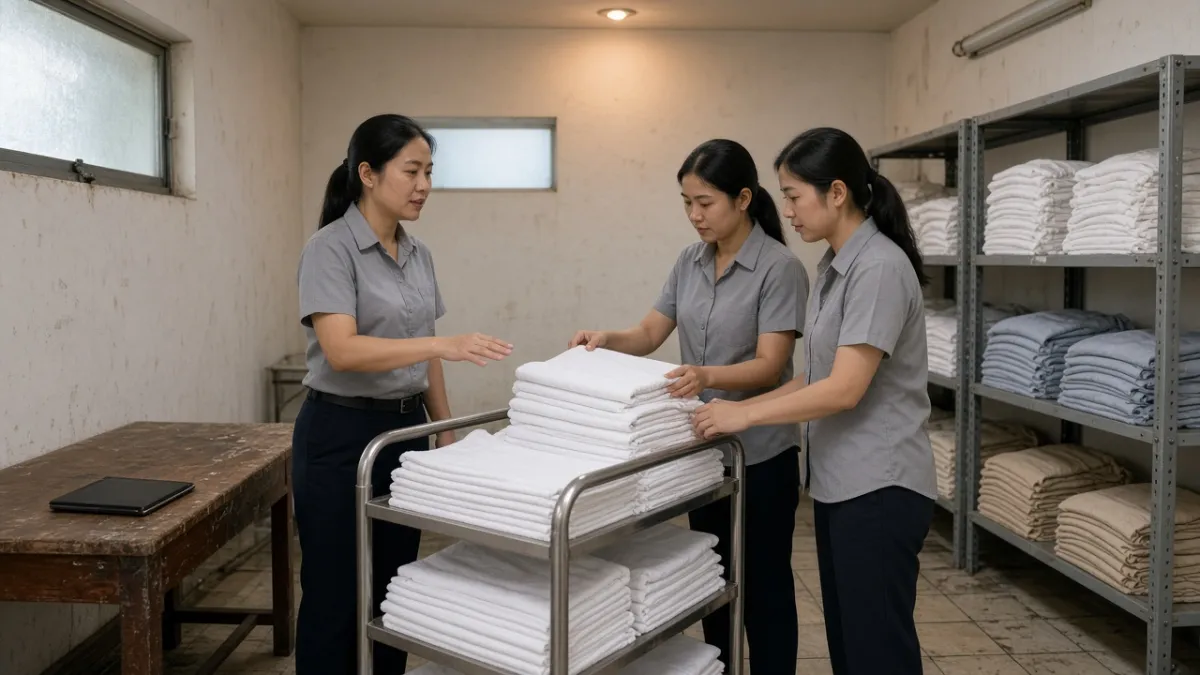 Giám sát buồng phòng hướng dẫn đội ngũ kiểm tra ga gối gọn gàng trong kho vải khách sạn.