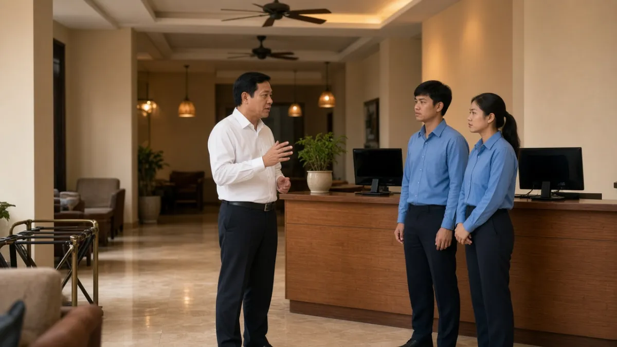 Giám sát khách sạn trao đổi với nhân viên lễ tân tại quầy tiếp tân trong buổi sáng đầu ca.