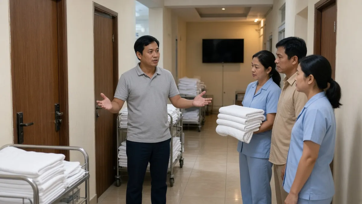 Giám sát khách sạn trao đổi với nhóm buồng phòng trong hành lang dịch vụ, cạnh xe đẩy khăn và ga trải giường.