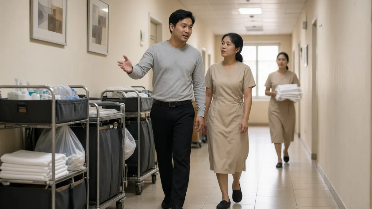 Giám sát khách sạn trao đổi, hướng dẫn nhân viên buồng phòng trong hành lang nội bộ — minh họa lộ trình thăng tiến.