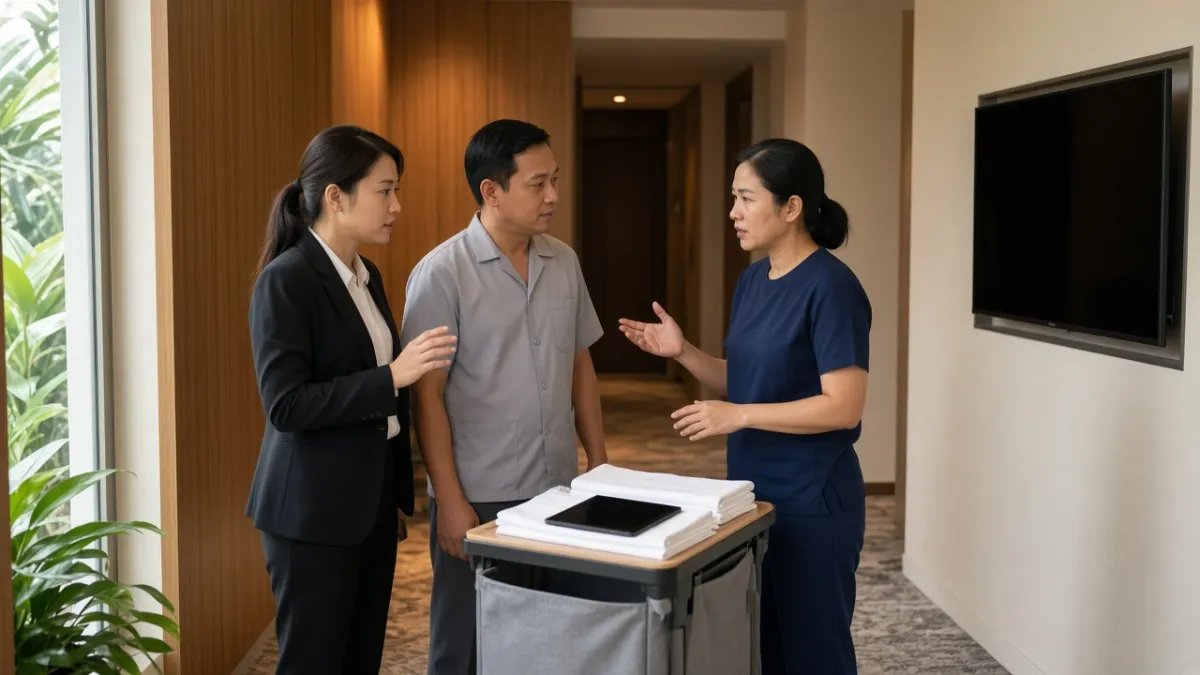Nhân viên lễ tân, buồng phòng và bảo trì khách sạn Việt Nam trao đổi nhanh trong hành lang nội bộ.