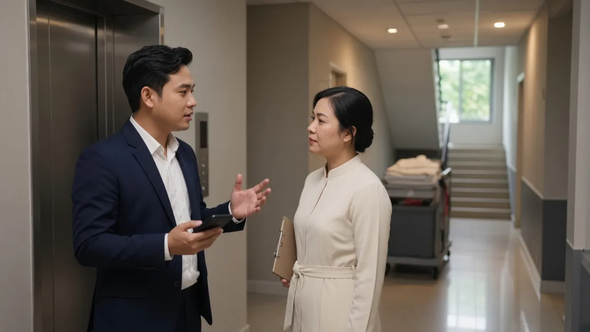 Nhân viên lễ tân và buồng phòng trao đổi nhanh tại hành lang khu vực nội bộ khách sạn để phối hợp phục vụ khách.