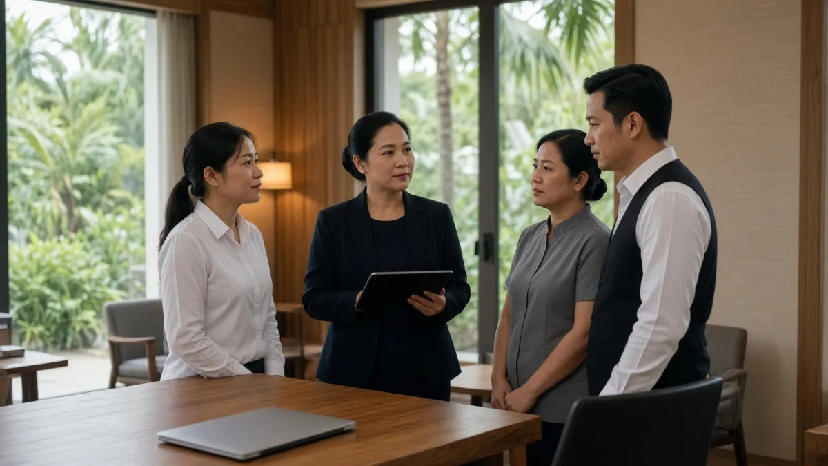 Quản lý và nhân viên các bộ phận khách sạn trao đổi sau họp nội bộ, thể hiện văn hóa cộng tác hiệu quả.
