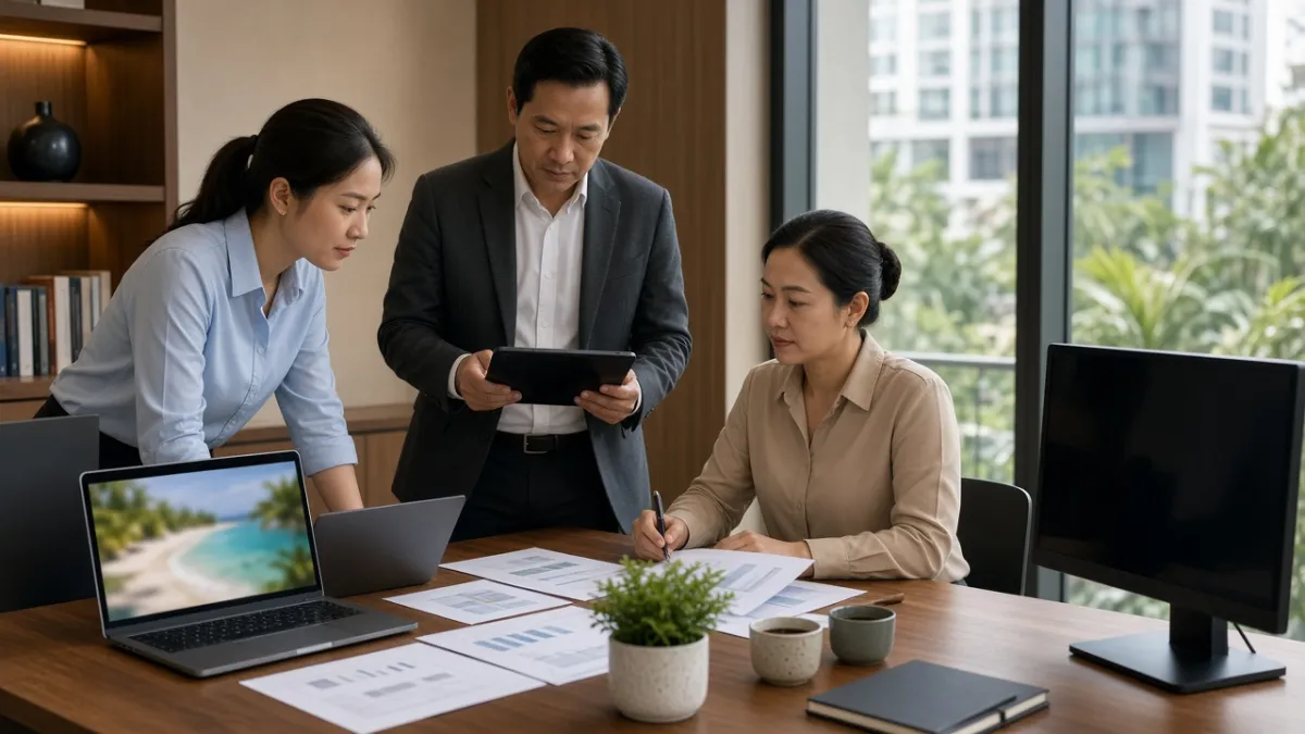 Ba nhân viên khách sạn Việt Nam cùng xem báo cáo trên laptop, máy tính bảng và giấy in trong văn phòng.