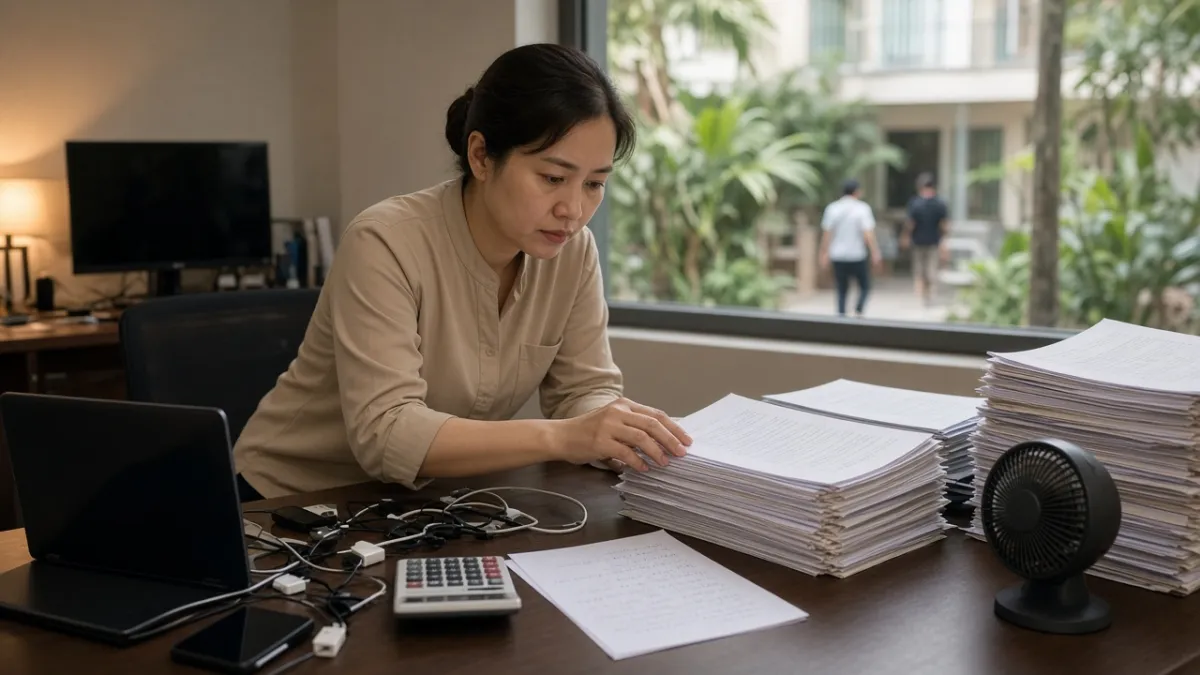 Nhân viên khách sạn Hà Nội đối chiếu thủ công chồng báo cáo in, dây cáp rối, màn hình tắt — hạn chế phân tích miễn phí.