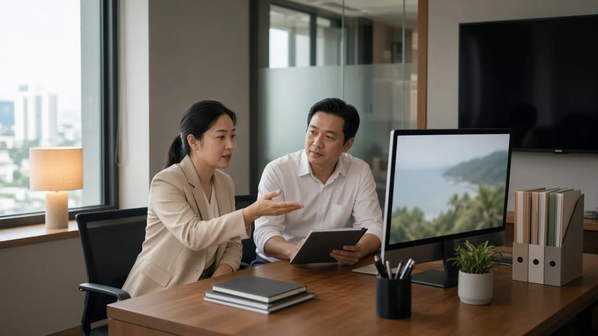 Chuyên viên và nhân viên khách sạn trao đổi thiết kế dashboard báo cáo doanh thu trong phòng làm việc hiện đại.