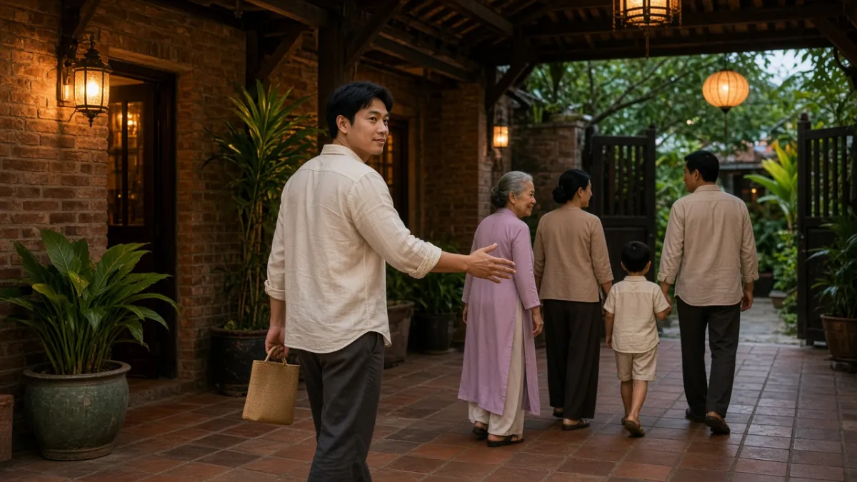 Quản lý quan hệ khách tiễn gia đình nhiều thế hệ trong hành lang gạch gỗ khách sạn, thể hiện chăm sóc tinh tế.