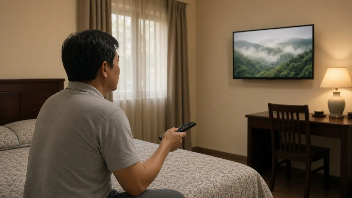 Khách đang ngồi trong phòng khách sạn, cầm remote và xem TV — gợi ý đánh giá nhanh ngay trong kỳ lưu trú.