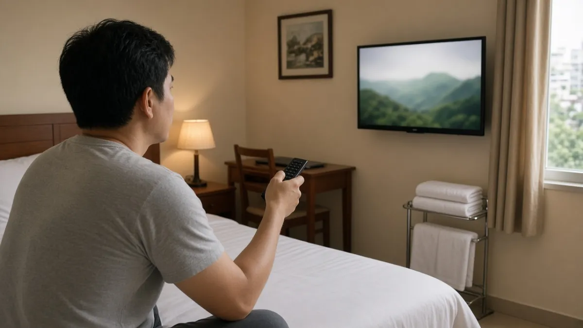Khách cầm remote trước TV trong phòng nghỉ, thể hiện IPTV như cầu nối thân thiện giữa khách và khách sạn.
