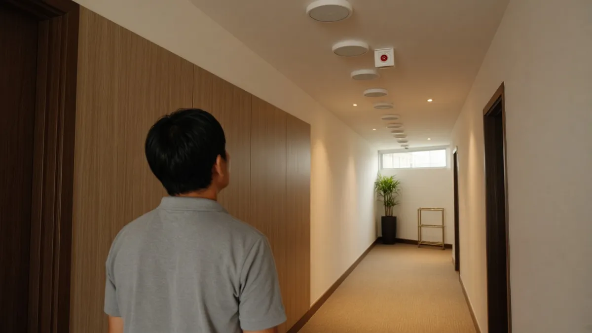 Kỹ thuật viên kiểm tra loa PA trần và thiết bị báo cháy tích hợp trên hành lang khách sạn.