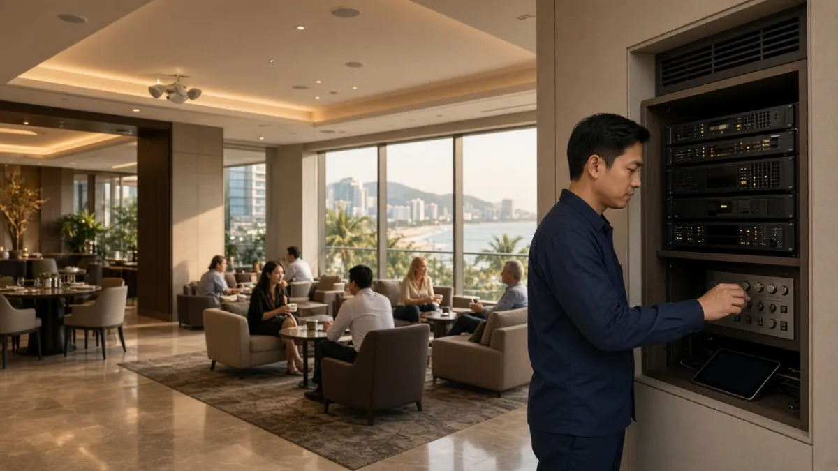 Kỹ thuật viên khách sạn Đà Nẵng kiểm tra hệ thống nhạc nền đa vùng với loa âm trần tại sảnh.