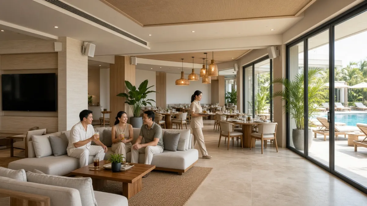 Khách thư giãn tại lounge khách sạn Đà Nẵng, loa âm thanh gắn tường kết nối khu nhà hàng và hồ bơi bên ngoài.