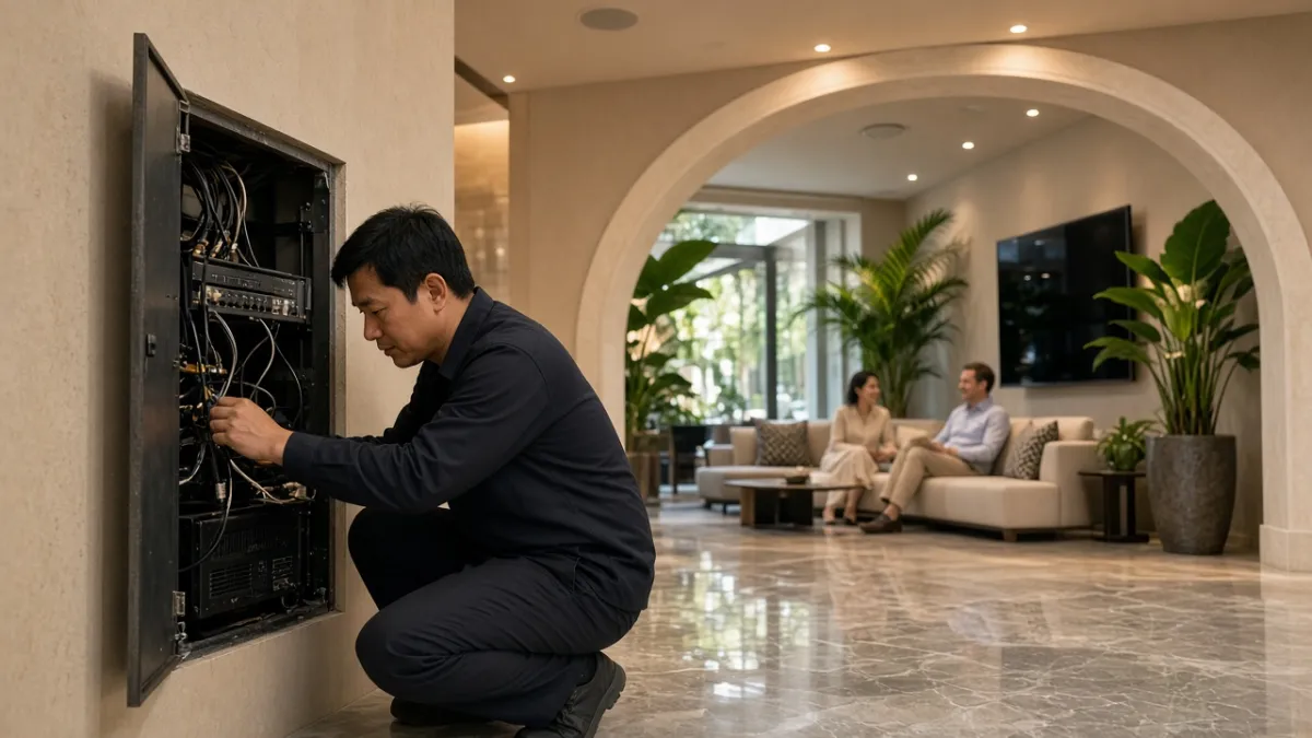 Kỹ thuật viên kiểm tra thiết bị âm thanh tại sảnh khách sạn Đà Nẵng, khách quốc tế thư giãn phía sau.