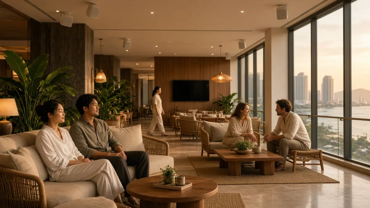 Sảnh khách sạn Đà Nẵng lúc hoàng hôn, du khách Việt thư giãn nghe nhạc nền từ loa âm trần, tạo không khí cảm xúc ấm áp.
