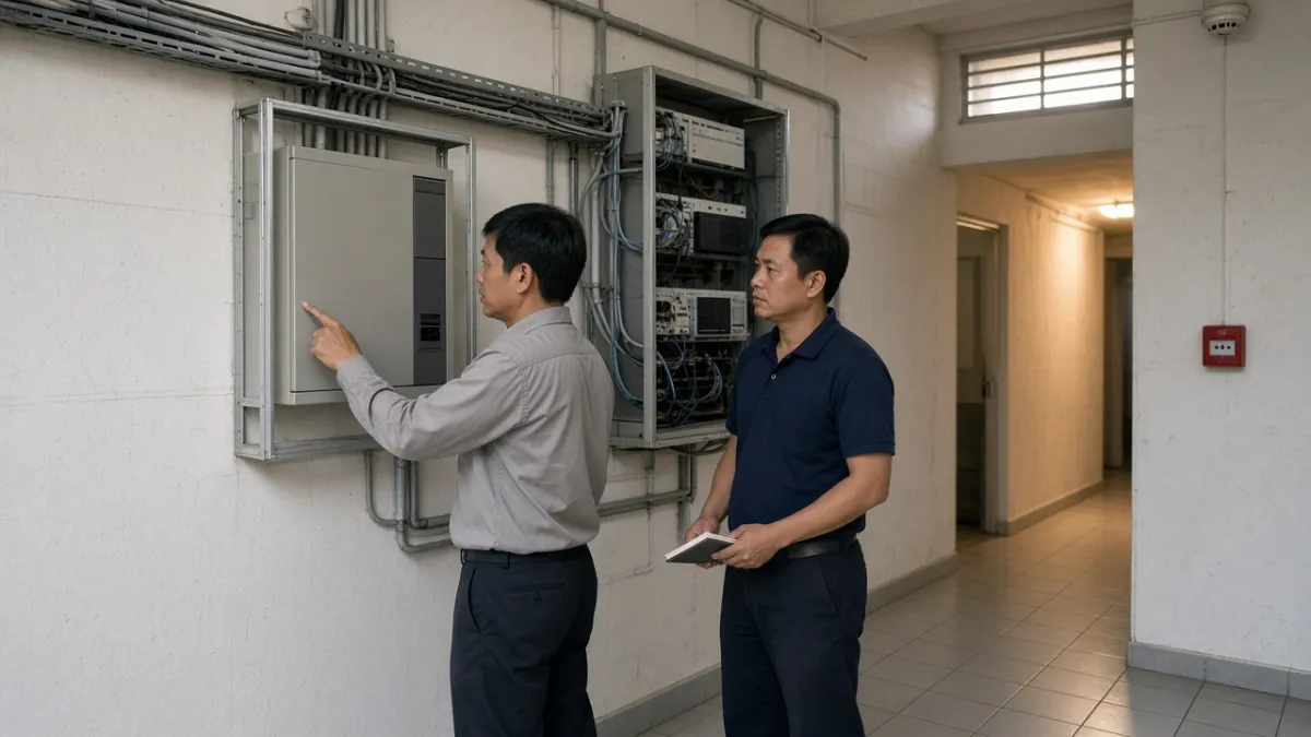 Kỹ thuật viên và nhân viên kỹ thuật khách sạn kiểm tra tủ báo cháy tích hợp hệ thống ELV trong phòng kỹ thuật.