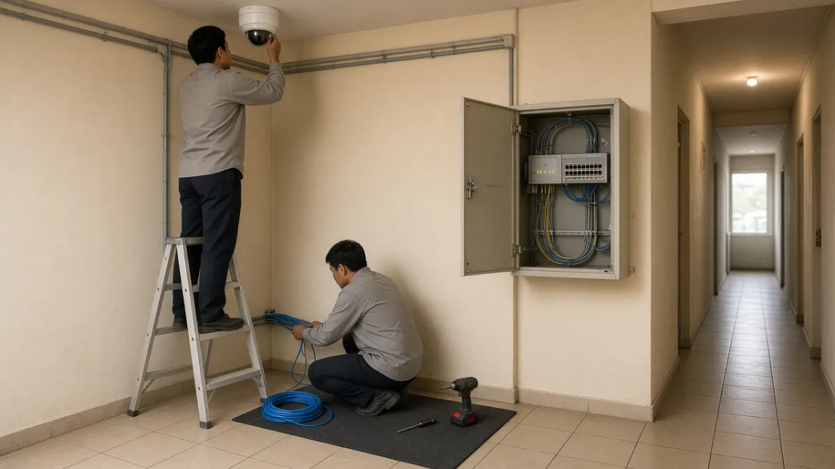 Hai kỹ thuật viên gắn camera trần, luồn cáp mạng và nối vào switch trong tủ ELV ở hành lang phụ khách sạn.