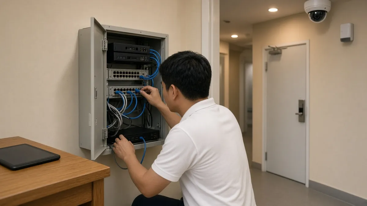 Kỹ thuật viên triển khai NVR và cáp mạng tại tủ ELV; hành lang khách sạn có camera dome và khóa điện tử.