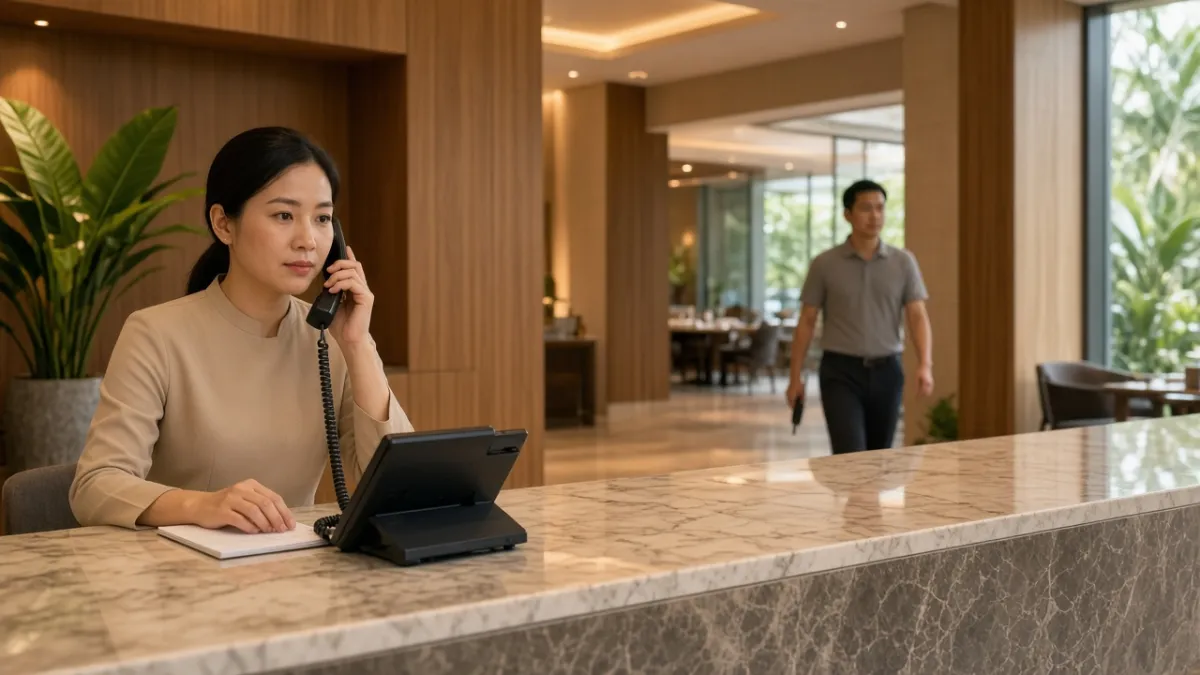 Nhân viên lễ tân khách sạn 5 sao gọi điện thoại IP tại quầy tiếp tân, nhân viên kỹ thuật ở phía sau.