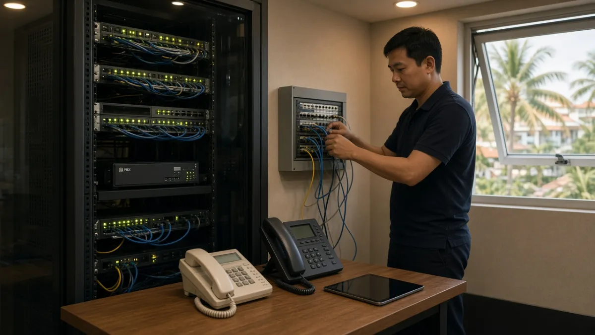 Kỹ sư IT khách sạn resort kiểm tra rack server PBX, điện thoại IP và máy analog đặt cạnh nhau trên bàn.
